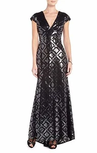 NEW BCBGMAXAZRIA BLACK COMBO SKYLAH SEQUINED EVENING GOWN WJB6U817/L402A SIZE 4 - Picture 1 of 3