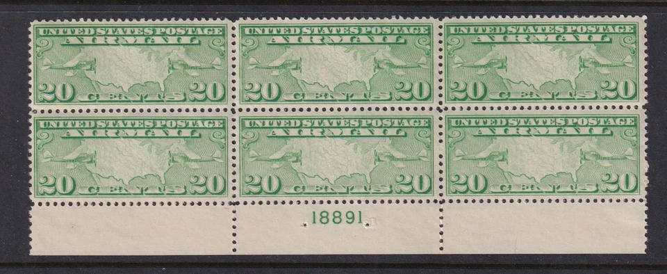 1926 AIRMAIL 20c green Sc C9 MNH nice OG flat plate block of 6 (MD - Image 1 of 1