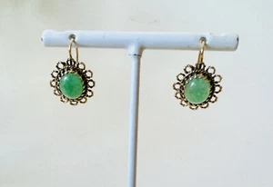 Beautiful Filigree Antique 14k Solid Yellow Gold Aventurine Earrings French Wire - Picture 1 of 7
