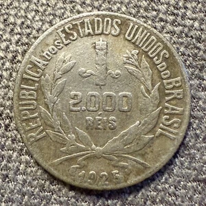 PLATA Brasil 2000 Reis 1925 RARO AÑO Fino KM526 579A Raro Inverso Reverso - Imagen 1 de 3