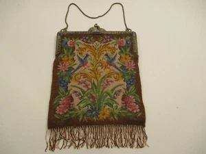 Antique Micro Beaded Purse Flowers Birds Design Ornate Brass Inlaid Frame  - Picture 1 of 12