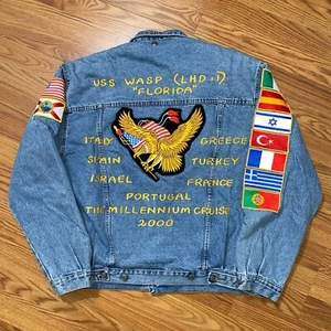 Vintage Military Army Souvenir War Tour Denim Jacket Large Sherpa Lined Patches - Picture 1 of 7