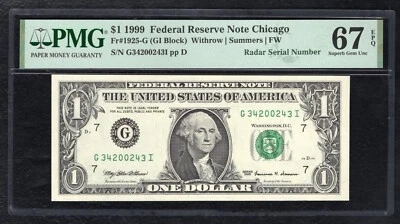 FR 1925-G 1999 $1 FEDERAL RESERVE NOTE “RADAR S/N G34200243I” PMG GEM UNC-67EPQ - Image 1 of 2