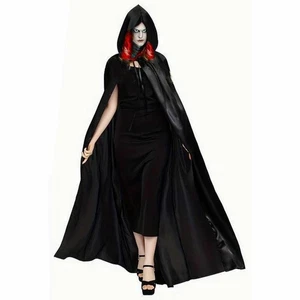 Vampirumhang Halloween Damen mit Kapuze – Schwarzer Satin Hexenumhang - Bild 1 von 3
