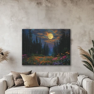 Himmlischer mondbeschienener Wald Wildblumenwiese Leinwand Wandbild, Kiefern Dämmerung - Bild 1 von 8