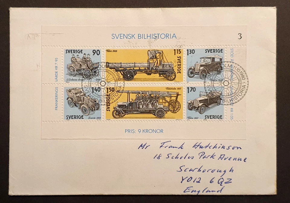 Sellos Suecia 1980 Automóvil Historia Automóvil Minihoja Primer Día Cubierta Foto 1 de 2