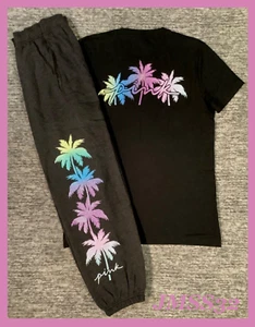 Victoria's Secret Pink Bling Tropical Palm Campus SS Tee Shirt + Pants Set L XL - Picture 1 of 11