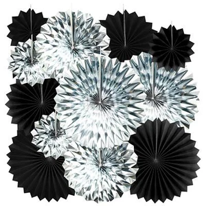 Black Silver Paper Fans Decorations 12pc Wedding Graduation Photo Backdrop - Picture 1 of 3