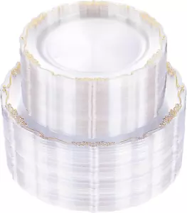 100PCS Clear Gold Plastic Plates Disposable Heavy Duty Dinner & Dessert Plates - Picture 1 of 12