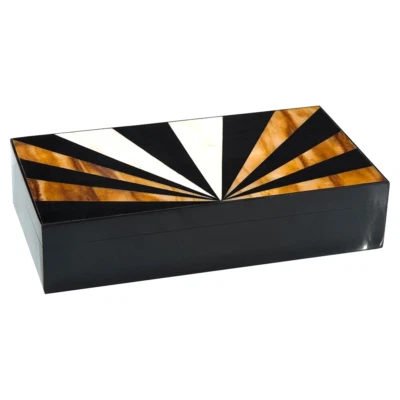 Modern Art Deco Style Inlaid Box - Black Lacquered - Sunrays John Richard - Image 1 of 4