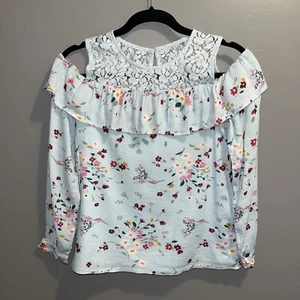 Abercrombie Kids Floral Lace Top Girls 13/14 Ruffle Cold Shoulder Blue - Picture 1 of 8