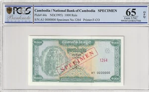 Cambodia 1995 1000 Reis  Certified PCGS Banknote UNC 65 OPQ Pick 44s Specimen - Picture 1 of 2