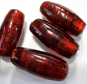 Venetian Murano Glass Bead Beads: 6 Red-Orange & Gold Foil Swirl Tube 22mm (#23) - Bild 1 von 5