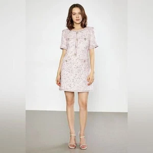J.ING Librada Tweed Pink Button Short Sleeve Mini Dress NWT Women SIZE M - Picture 1 of 9