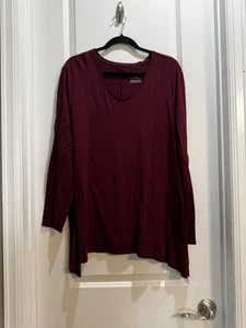 CHICO’s Burgundy Ultimate Tee Sz 3 Asymmetrical Hem Tunic Long Sleeves Vneck - Picture 1 of 5