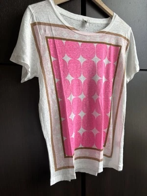 Camiseta J Crew 100% linho arte arejada pura ouro branco rosa quente colorida - Imagem 1 de 4