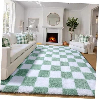  Alfombras de salón 5x8 verde salvia y blanco, grandes esponjosas peludas peludas difusas  Foto 1 de 4