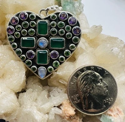 NICKY BUTLER 925 Sterling Silver Multi-Gemstone Heart BIG Pendant - Image 1 of 2