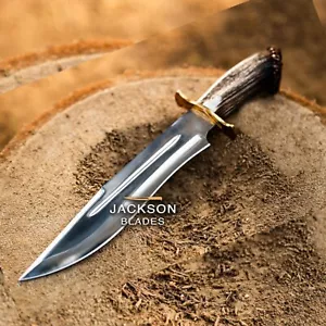 NEW CUSTOM HANDMADE HUNTING BOWIE KNIFE STAG HORN HANDLE WITH LEATHER SHEATH - Picture 1 of 8