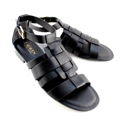 Sandalias de mujer LAUREN Ralph Lauren Elianna talla 7 B de cuero negro enjaulado gladiador Foto 1 de 4