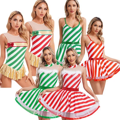 Mujeres Fiesta de Navidad Bastón de Caramelo Disfraz Lentejuelas Leotardo Rayas Tutú Vestidos EE. UU. Foto 1 de 4