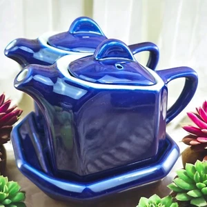 VTG Hall Restaurant Ware Porcelain Tea for 2 Twin Teapots Tray Cobalt Blue USA - Picture 1 of 9