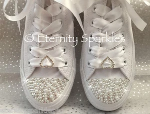 Personalizado/Personalizado Mono Blanco Perla Brillo Cristal Boda Novia Converse - Imagen 1 de 8