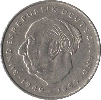 West Germany 2 Deutsche Mark Coin | President Theodor Heuss | 1970 - 1987 - Image 1 of 4