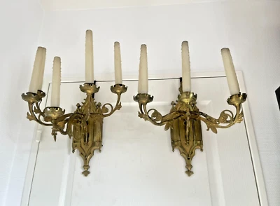 Ancien Paire Applique Murale Doré Bougeoir Candélabre 5 bras Eglise Cathédrale - Photo 1/4