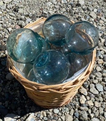 LOTE FLOTADORES DE PESCA DE VIDRIO japoneses de 2,2′′ - 9 bolas de boya redondas auténticas de colección Foto 1 de 4