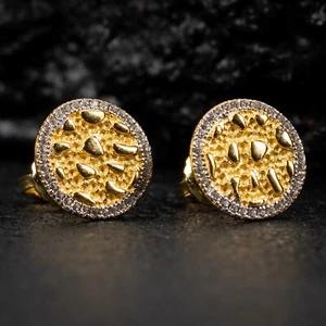 Men's Circle Iced Cz Gold 925 Sterling Silver Hip Hop Round Nugget Stud Earrings - Picture 1 of 7