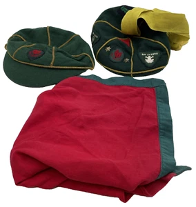 Vintage 1960s Red Wolf Cub Boy Scout Caps & Neckerchief Cloth & Metal Badges - Picture 1 of 23