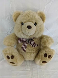 A&A Tan Bear Plush 10 Inch Maroon Checkered Bow Stuffed Animal Toy - Imagen 1 de 7