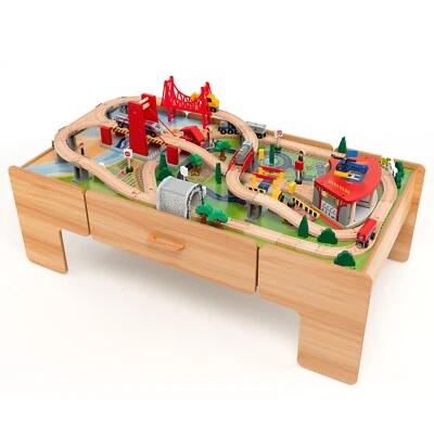 100 Tlg. Holzeisenbahn Set Kinder Eisenbahn Kinderzug Holzspielzeug Spieltisch - Bild 1 von 4