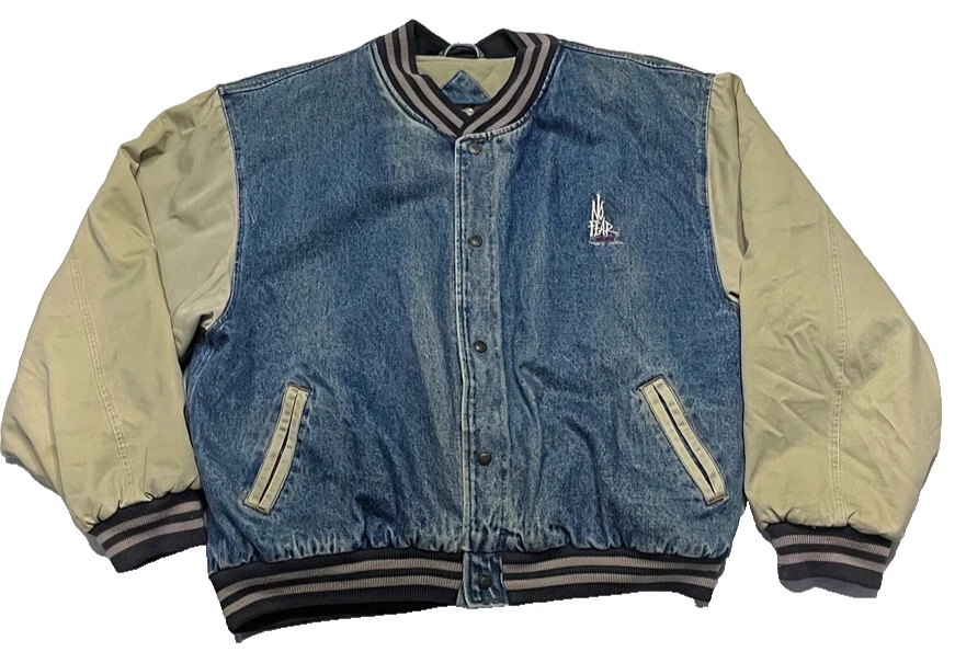 Chaqueta Universitaria Vintage Años 90 No Fear Para Hombres XL Patinador Denim Bordado Logo Broches a presión Foto 1 de 4