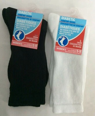 Diabetic Comfort Women's CREW Socks Shoe Size 5 - 9  Qty 2 Pair  Black White - Image 1 of 2