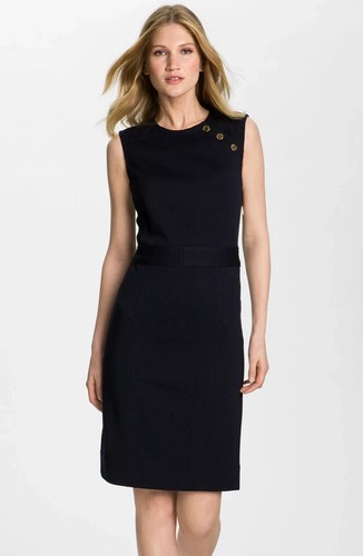 Abito a tubino Tory Burch blu navy misto lana senza maniche bottoni oro XL