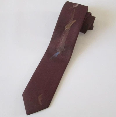 Vintage Wemlon Printed Brushed Feathers Men Tie Wembley Maroon Necktie - Image 1 of 4