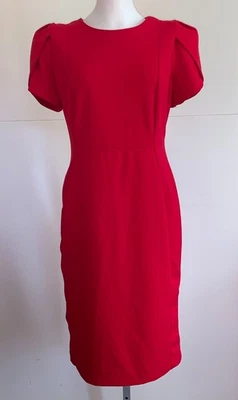 Calvin Klein Dress Sheath Red Scuba Tulip Sleeve Jewel Neckline Zip Size 12 - Image 1 of 4