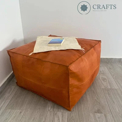 Leather Moroccan Genuine Ottoman Pouffe Footstool Unstuffed Handmade Boho 30'' - Image 1 of 4