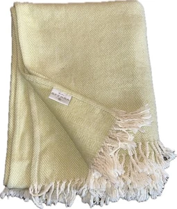 SFERRA Celine Throw Blanket Herringbone Pastel Green Beige Fringe Italy Cotton - Picture 1 of 8