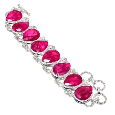 Ruby(Simulated) Gemstone Handmade 925 Sterling Silver Bracelet 7-8" r454 - Image 1 of 3