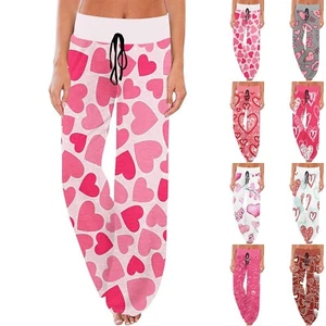 Women's Comfy Pajama Pants Pocket Valentine's Day Print Drawstring Wide Leg - Picture 1 of 36