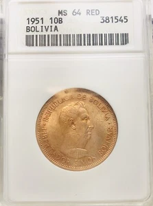 Bolivia 1951 10 Bolivianos, ANACS MS64 RED, Km#186 - Picture 1 of 3