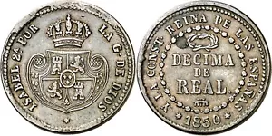 SPAIN COIN KM# 590 ISABEL II DECIMA DE REAL 1850 SEGOVIA COBRE COPPER ORIGINAL - Imagen 1 de 1