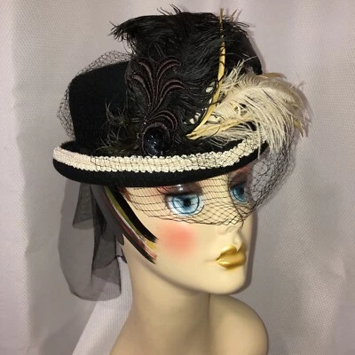Woman’s Classic Black Short Crown Wool Felt Top Hat with Feathers & Tulle Bow - Image 1 of 4