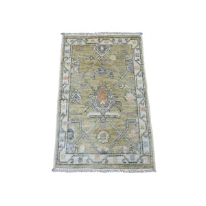 2'x3'1" Green Hand Knotted Afghan Angora Oushak Vines Design Wool Mat Rug R20320 - Picture 1 of 6