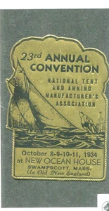 Poster Stamp Label 1934 SWAMPSCOTT MA Natl Tent & Awning Conv. New Ocean House  - Picture 1 of 2