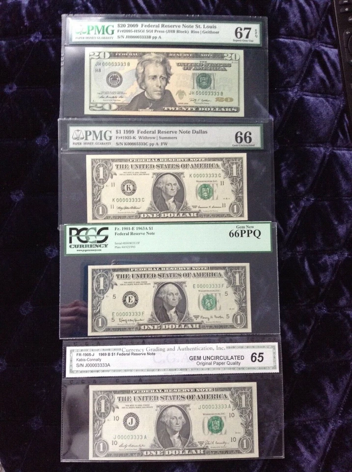1963,1969,1999,2009  $1,$20 FANCY LOW NUMBERS 00003333 DOUBLE QUAD SET   - Image 1 of 1