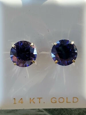 Tanzanite Labcreated Round Cut Stud Earrings 14kt Solid Yellow Gold  - Image 1 of 4